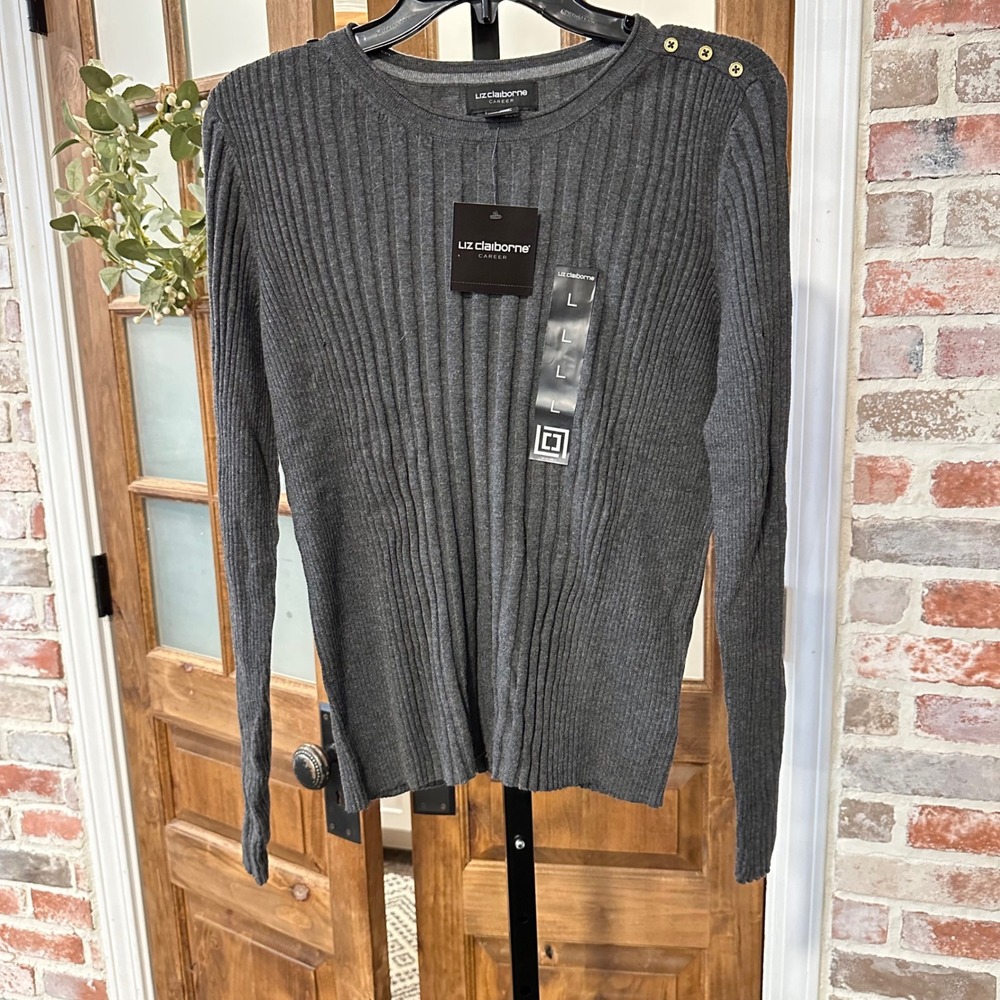 Liz Claiborne Sweater Women Gray Ribbed Button Shoulder Career Office Classic L